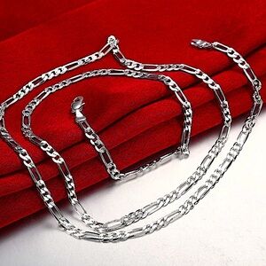 CUBAN FIGARO STERLING SILVER CHAIN LINK UNISEX NECKLACE 4MM
